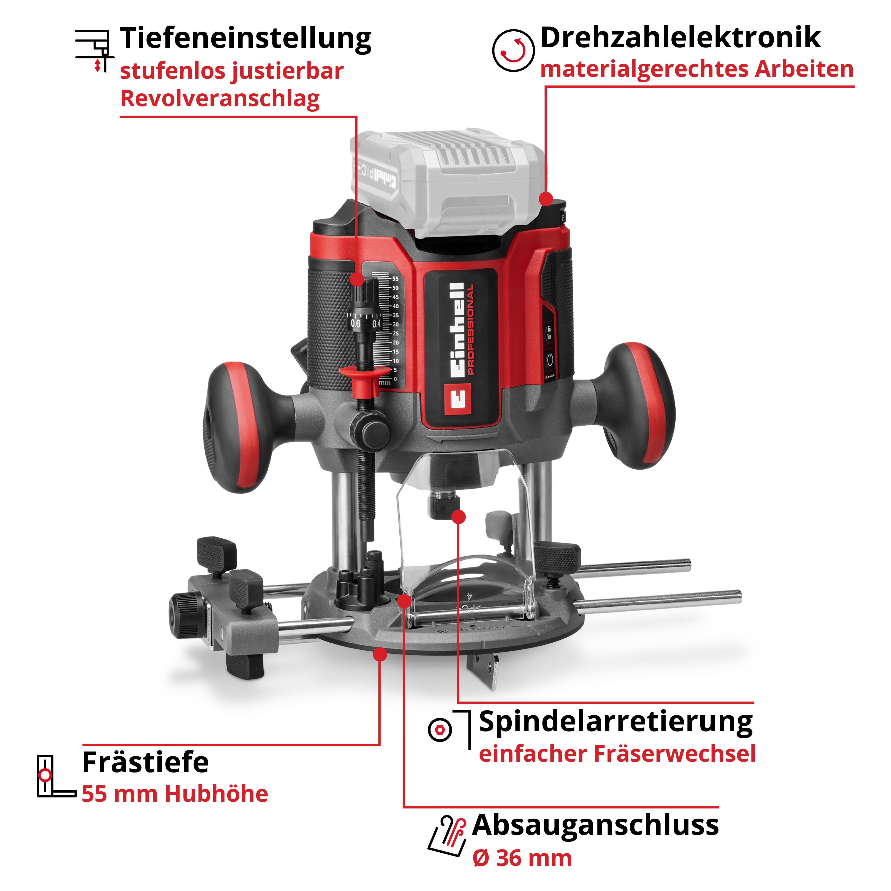 Akku-Oberfräse TP-ROD 18/551 Li BL +15 M
